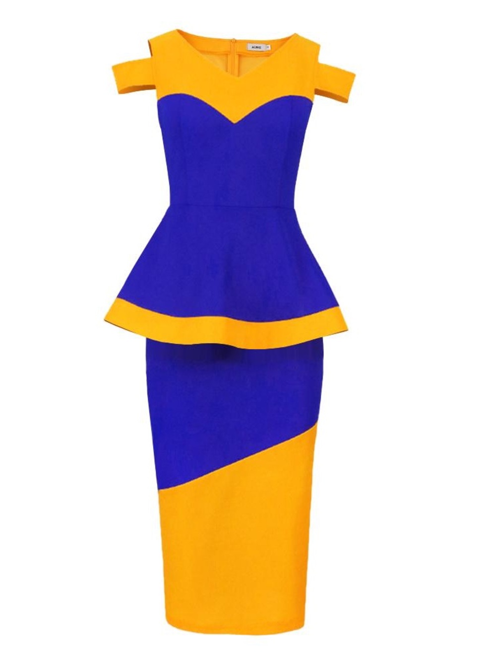 Colorblock Peplum Midi Dress in Blue & Mustard